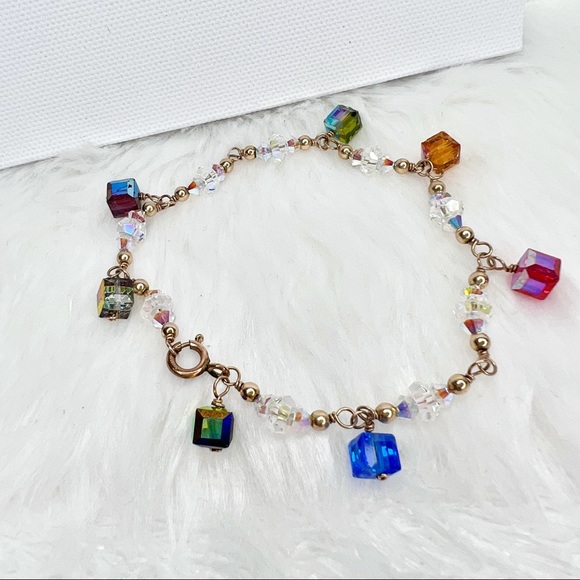 Rainbow Swarovski Crystal Cubes Gold Bracelet - Picture 2 of 4